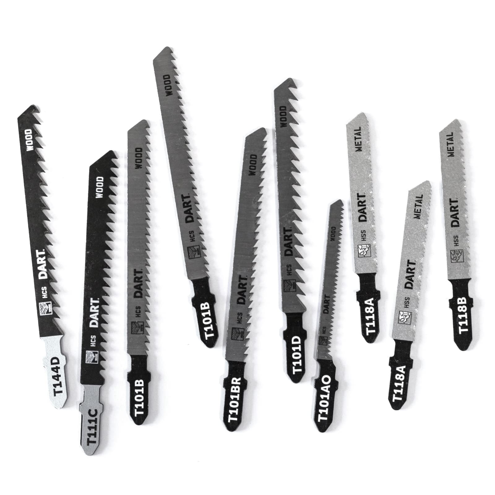 DART Jigsaw Blades Set (10 Pcs) - HCS Wood Cutter and HSS Metal Cutter Jigsaw Blades with Universal T-Shank for Cordless Jigsaw/Jig Saws Electric Wired - Professional Jigsaw Tool Blades