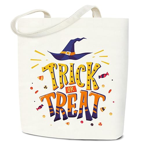 Halloween Tote Bag for Trick or Treat, Trick or Treat Tote Bag, Ghost Design for Halloween Party Supplies, Witch Hat Canvas Reusable Large Totes for Teens - A05