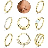 LOLIAS Septum Nose Rings Hoops - 316L Surgical Steel Septum Rings CZ Opal Silver 14K Gold Plated Hoop Nose Ring for Women 16G/18G Clicker Cartilage Earring Conch Daith Nostril Piercing Jewelry 8mm/10mm 8Pcs