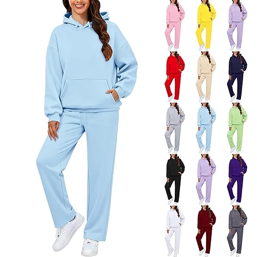 Tracksuit Womens Full Set Fleece Lined Sweatsuits Long Sleeve Hoodie and Jogger Ladies 2 Piece Outfits Solid Color Casual Loungewear