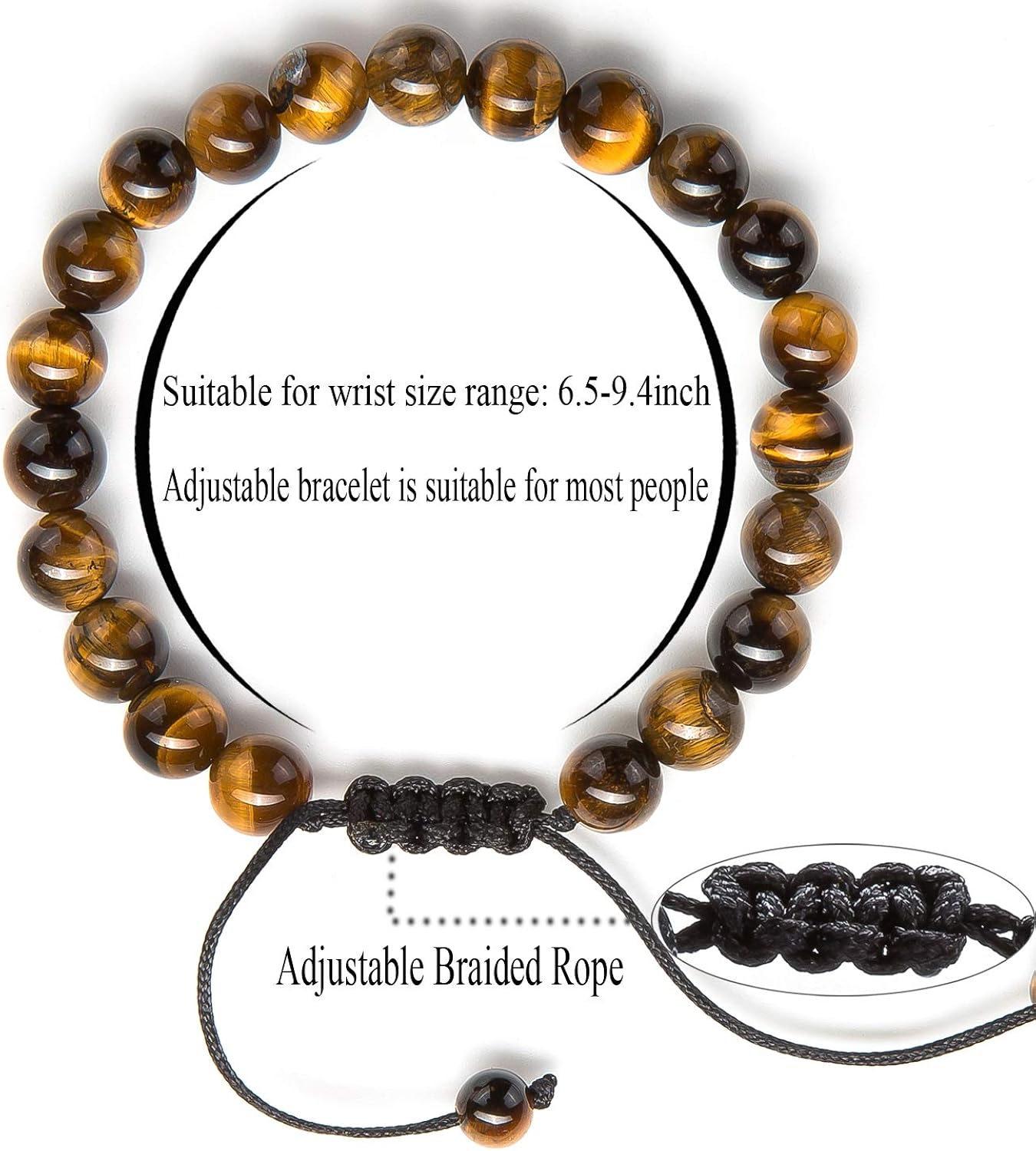 Hamoery Men Women 8mm Tiger Eye Stone Beads Bracelet Braided Rope Natural Stone Yoga Bracelet Bangle(Tiger Eye Stone): Clothing