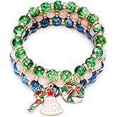 Niaspi Christmas Bracelets Set for Women Multi Color Beaded Charm Stretch Bracelets Cute Santa Claus Christmas Tree Snowman Snowflake Bracelets Xmas Holiday Jewelry Gifts