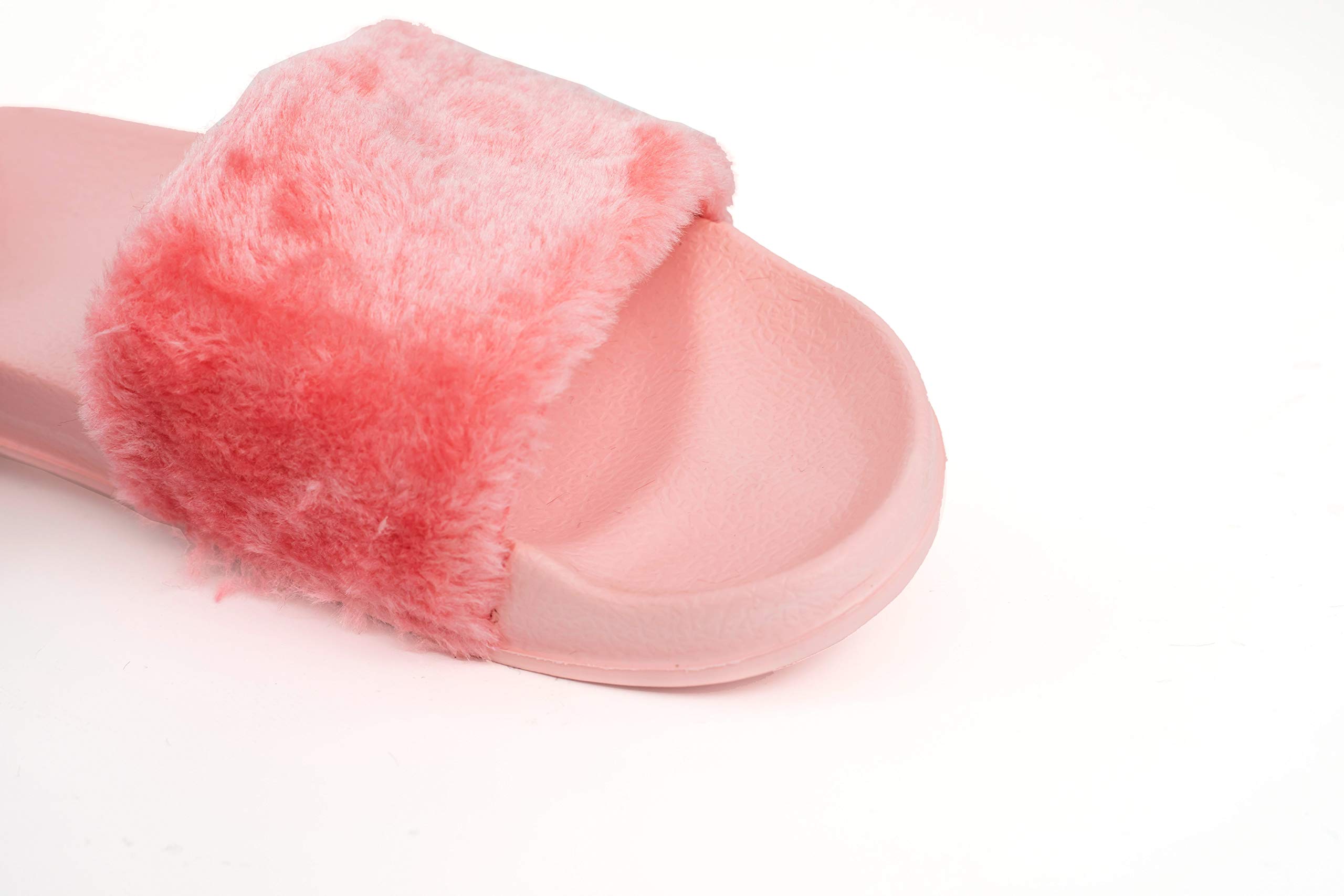 Women\'s Vegan Faux Fur Slippers Fuzzy Slides Fluffy Comfy Flat Sandals Open Toe Indoor Outdoor Pink