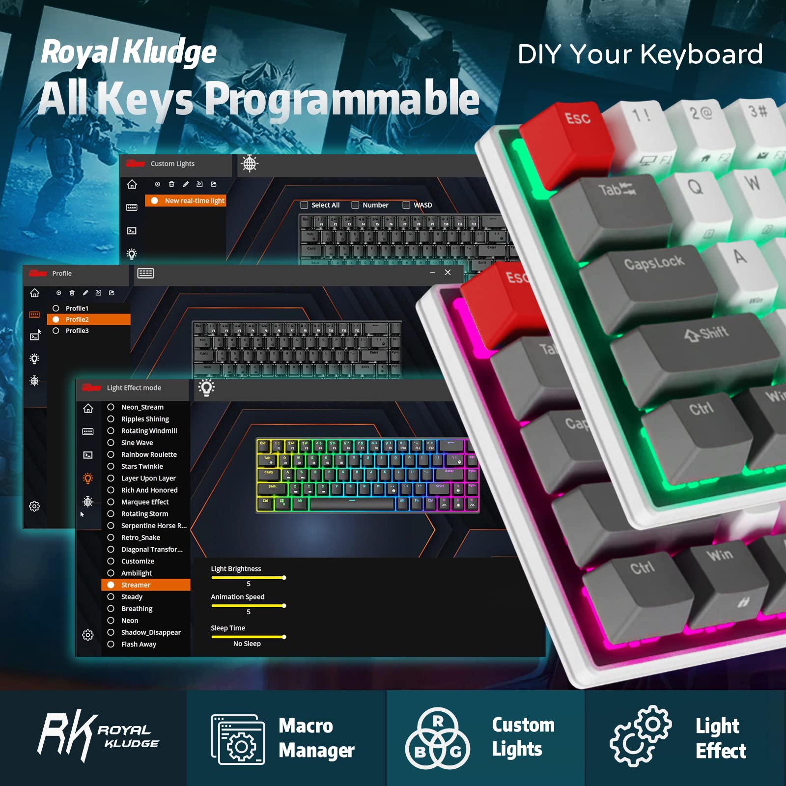 RK ROYAL KLUDGE RK G68 65% Wireless Mechanical Keyboard, Bluetooth5.1/2.4G/Wired Hot Swappable Mechanical Keyboard with 3 USB Ports, 68 Keys RGB Red Switch for Mac Windows, Classical Red