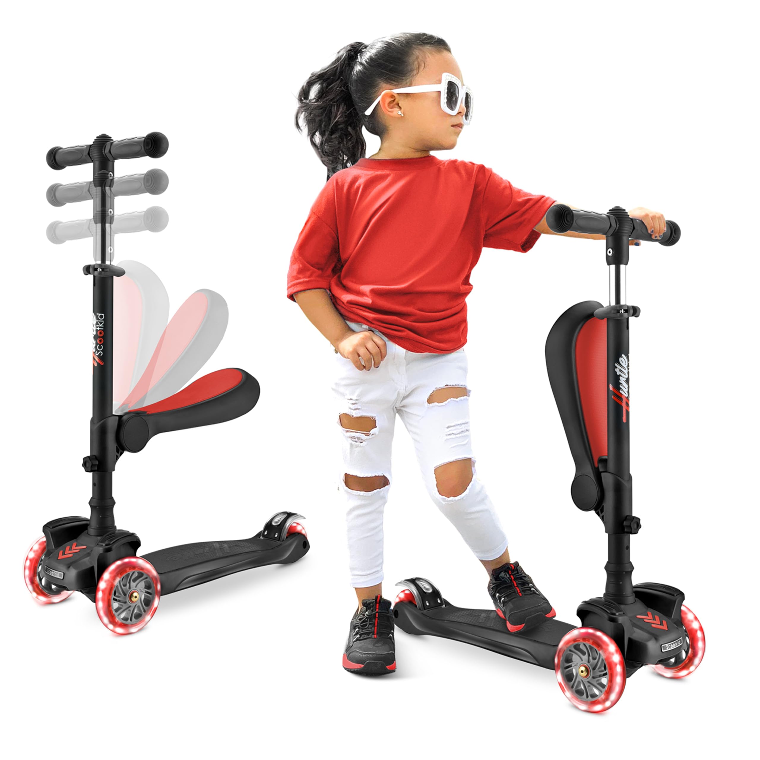 Hurtle 3 Wheeled Scooter for Kids - 2-in-1 Sit/Stand Child Toddlers Toy Kick Scooters with Flip-out Seat, Adjustable Height, Wide Deck, Flashing Wheel Lights, For Boys/Girls 1 Year Old+ Image