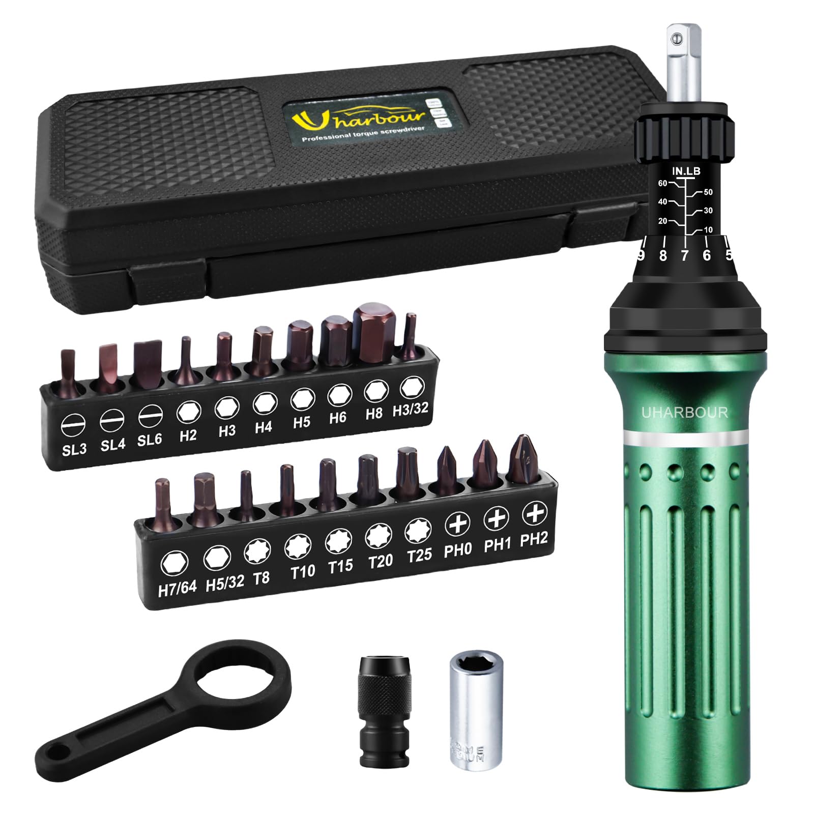 Photo 1 of Uharbour Torque Screwdriver 10-60 in.lb, Torque Screwdriver Set with 1/4" Elastic Bit Holder, 1/4" Bit Adapter, Flat, Hex, Torx and Philips Bits, Suitable for Gunsmithing, DIY, Bicycle Maintenance
