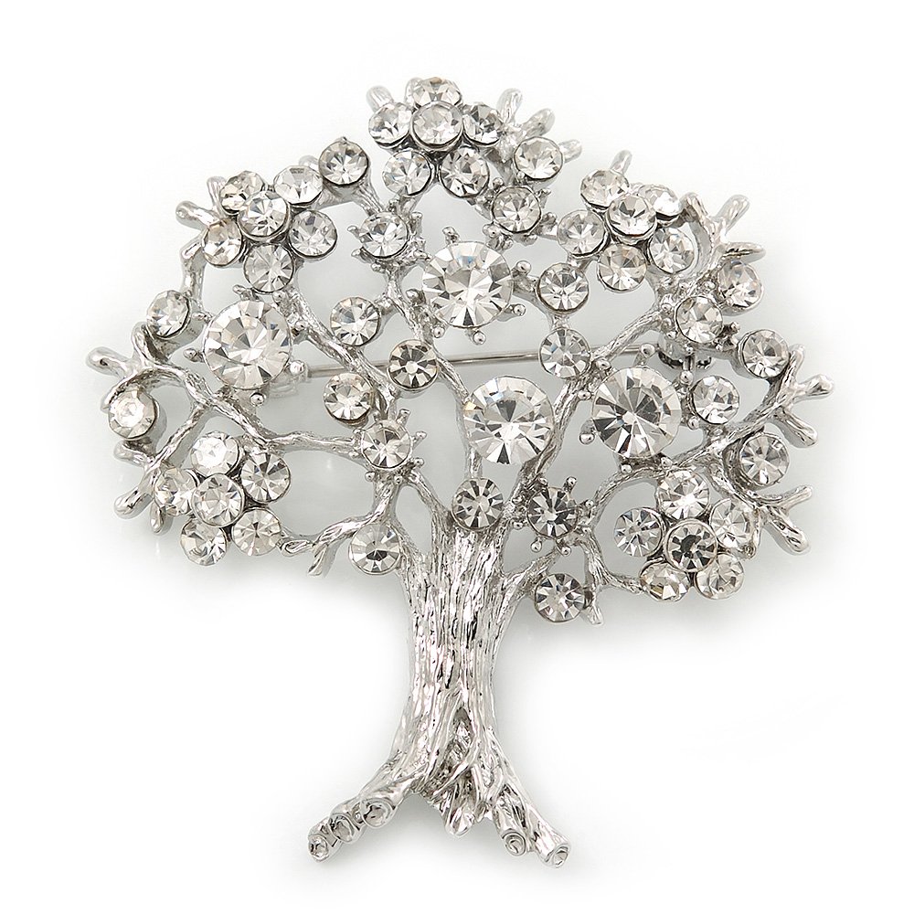 Clear Crystal 'Tree Of Life' Brooch In Rhodium Plating - 52mm Length