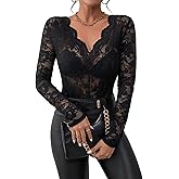 WDIRARA Women's Plus Size Lace Floral Embroidery Mesh Lace Sheer V Neck Long Sleeve Top Blouse