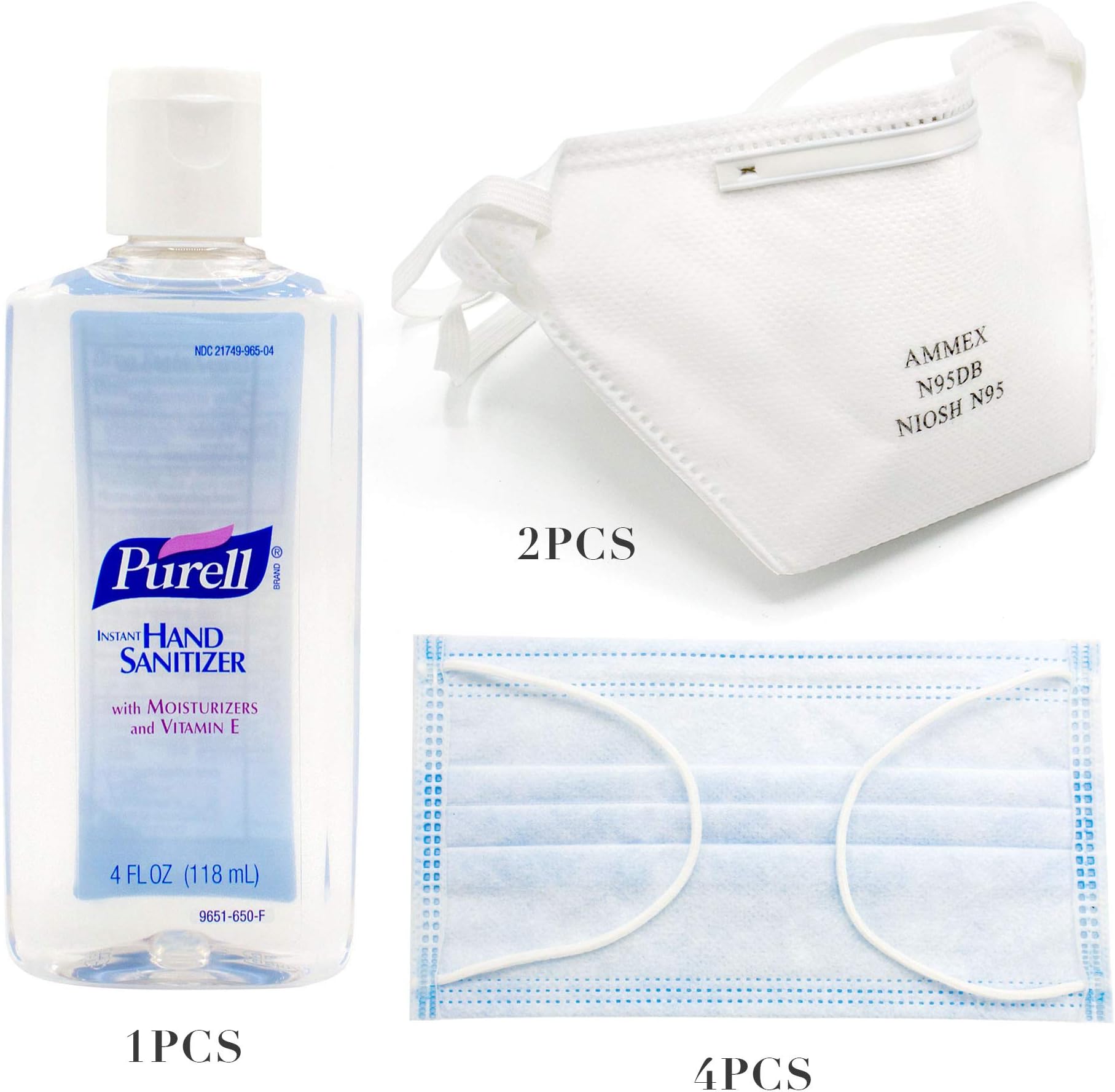4 oz Instant Rinse Free Hand Gel - 2 NIOSH N95Masks - 4 Disposable Facemasks - All You Need in 1 Protection Kit