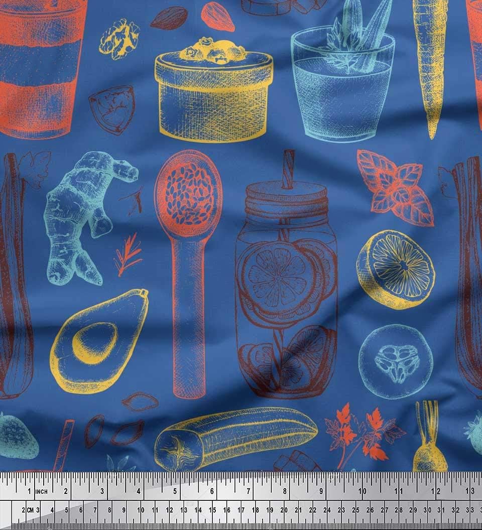 Soimoi Blau Georgette Viskose Stoff Gemüse, Glas & Tassen Stoff drucken