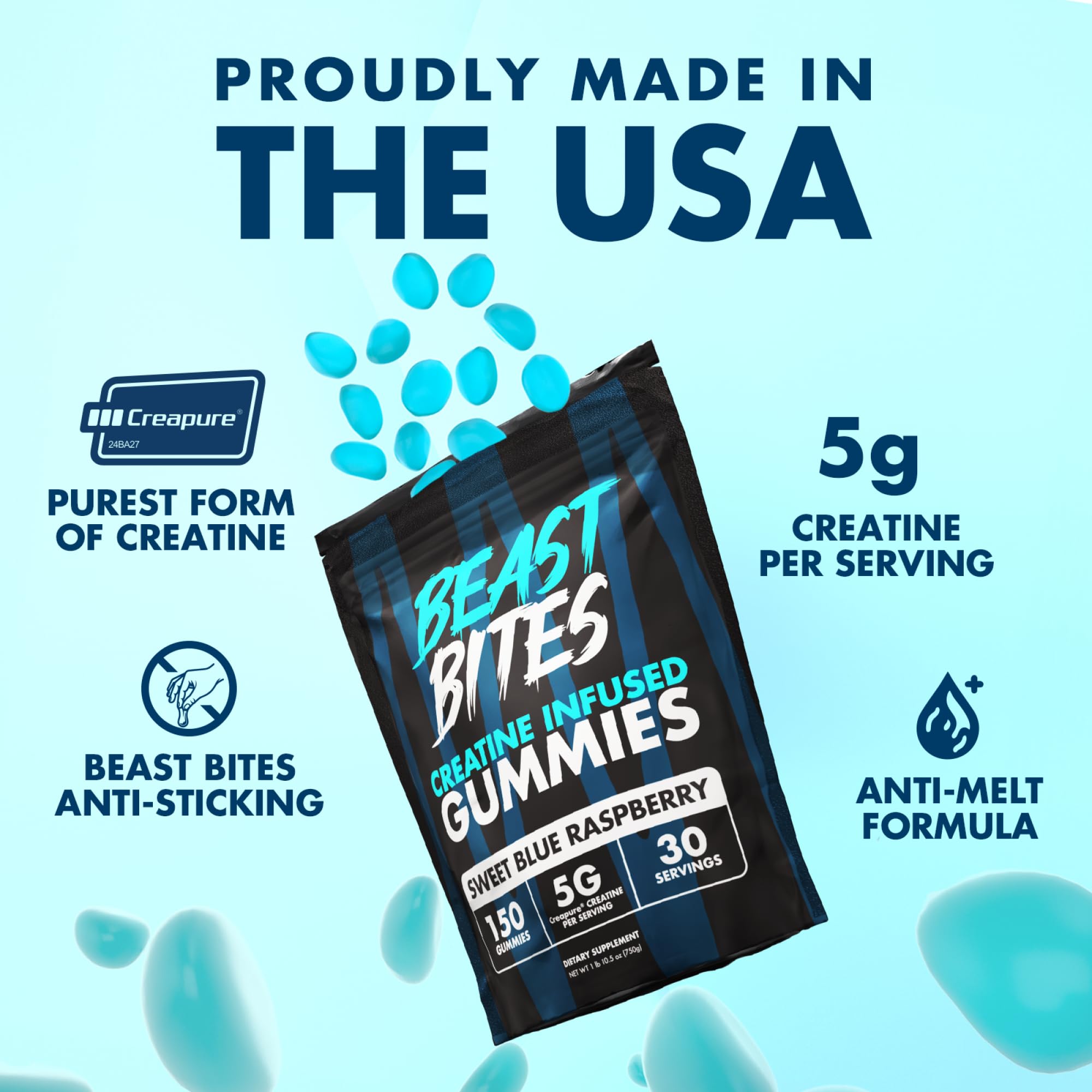 BEAST BITES Creatine Monohydrate Gummies - for Men and Women - 5g Creapure Creatine, Support Muscle Mass, Strength, and Cognitive Function - Made in USA - 150 Gummies - 30 Servings