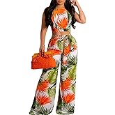 Elegant 2 Piece Sets for Women Sexy Printing Crop Top Long Straight Pants Vacation Outfits Beach