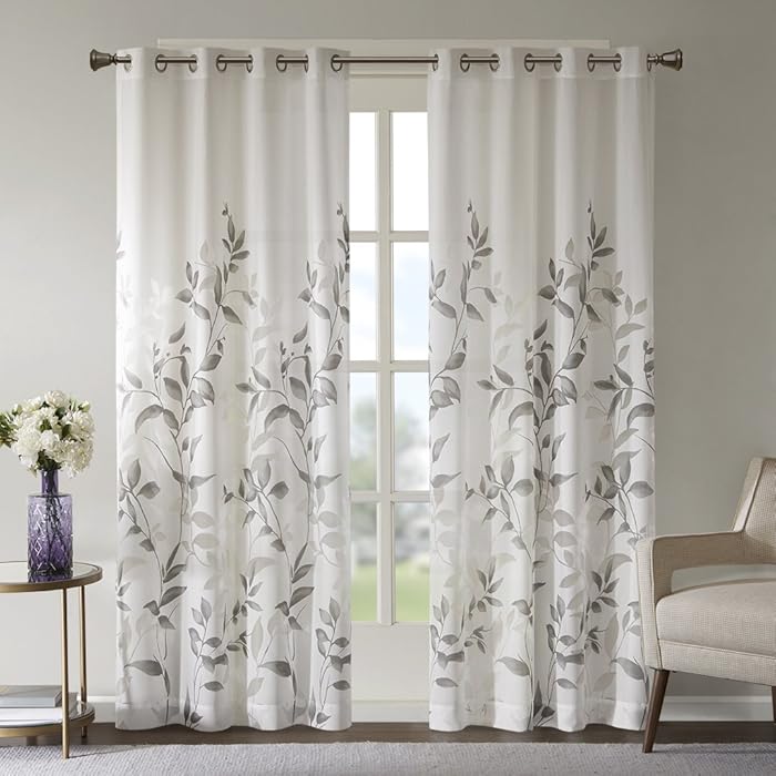 Sheer Curtains for Bedroom, Modern Contemporary Linen Natural Sheer Curtains 84 inches Long for Living Room, Cecily Botanical Modern Grommet Sheer Curtain, 50" W X 84" L, 1-Panel Pack