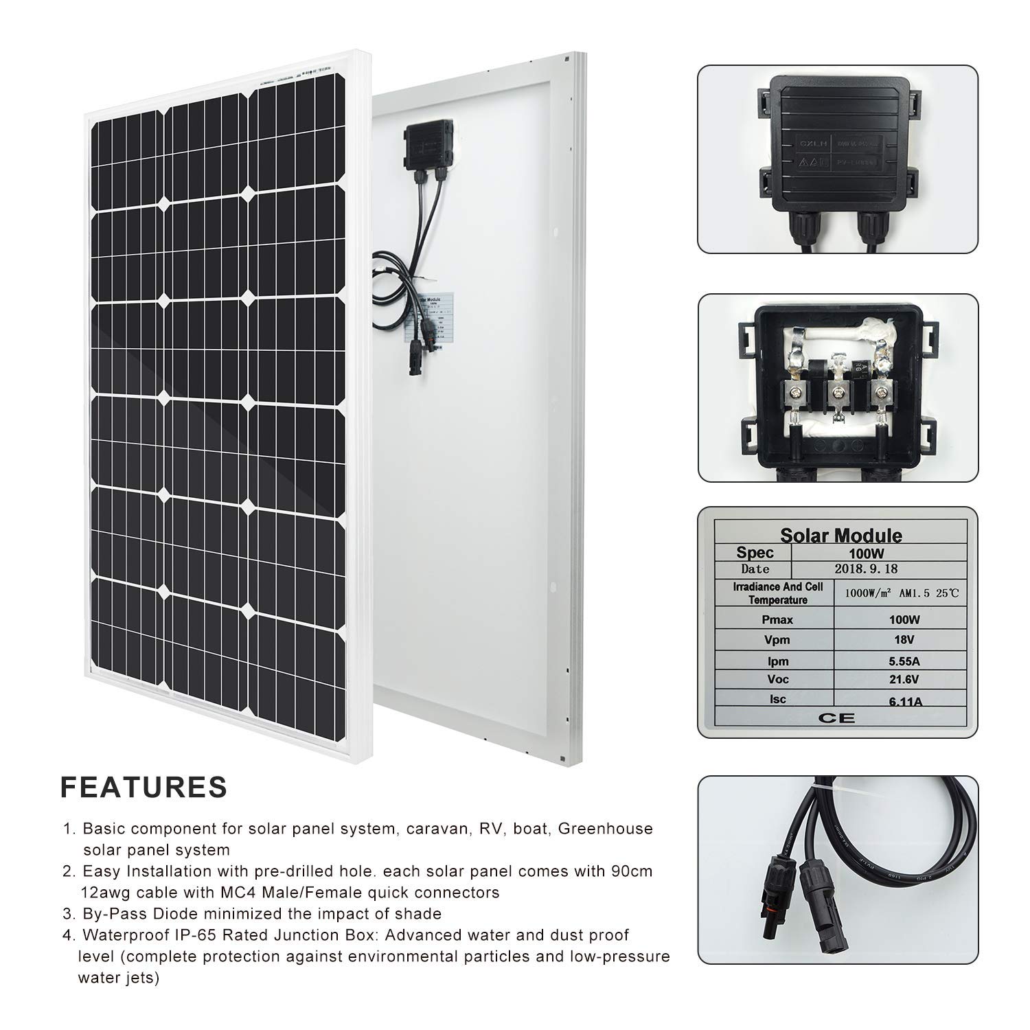 ECO-WORTHY VC-L02M100-B-2 Portable 200Watts (2pcs 100watts) 18 Volts Monocrystaline Solar Panels 12V Battery for On-Grid in RV - Image 4