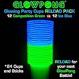 GLOWPONG Glowing Party Cups RELOAD Pack (24 Cups & Sticks) - 12 Competition Green vs 12 Ice Blue