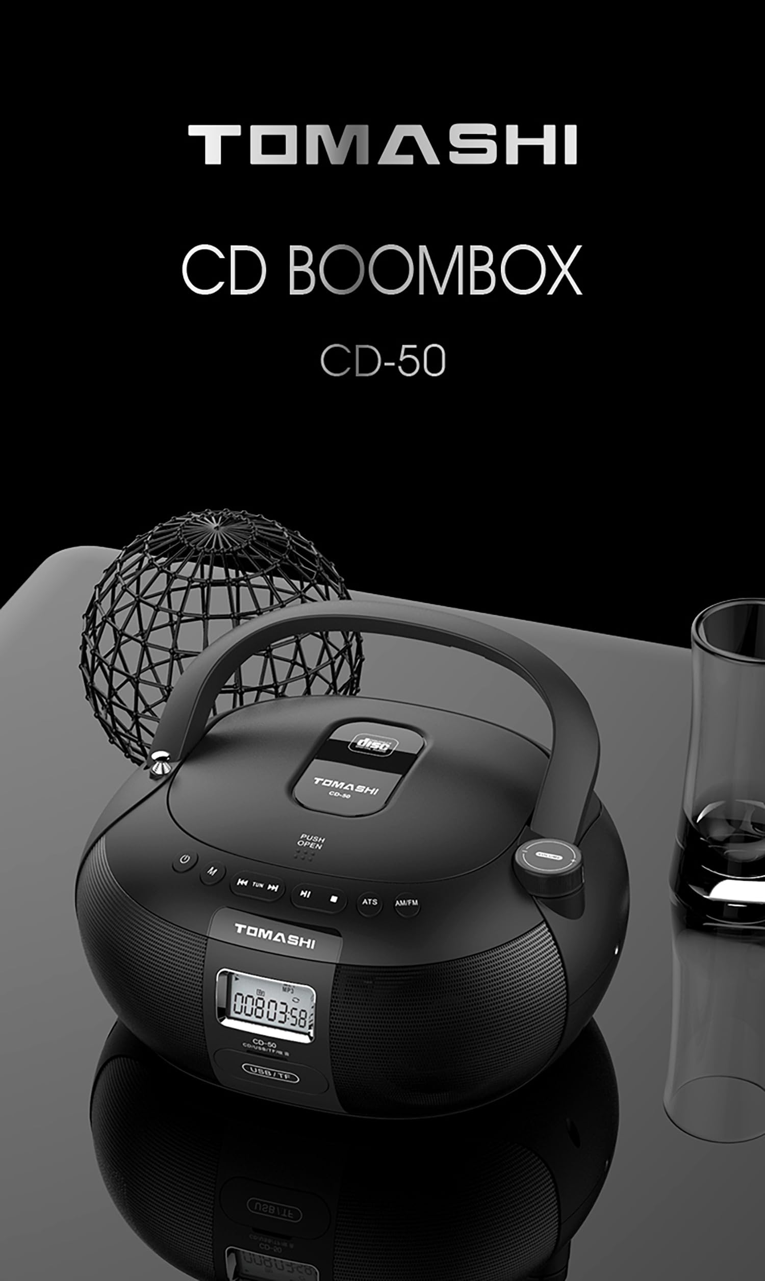 TOMASHI CD-50 CD Player Boombox in Black Portable CD Player | Stereo Sound | LCD Display | USB/TF Card Drive Supported | Headphone Jack