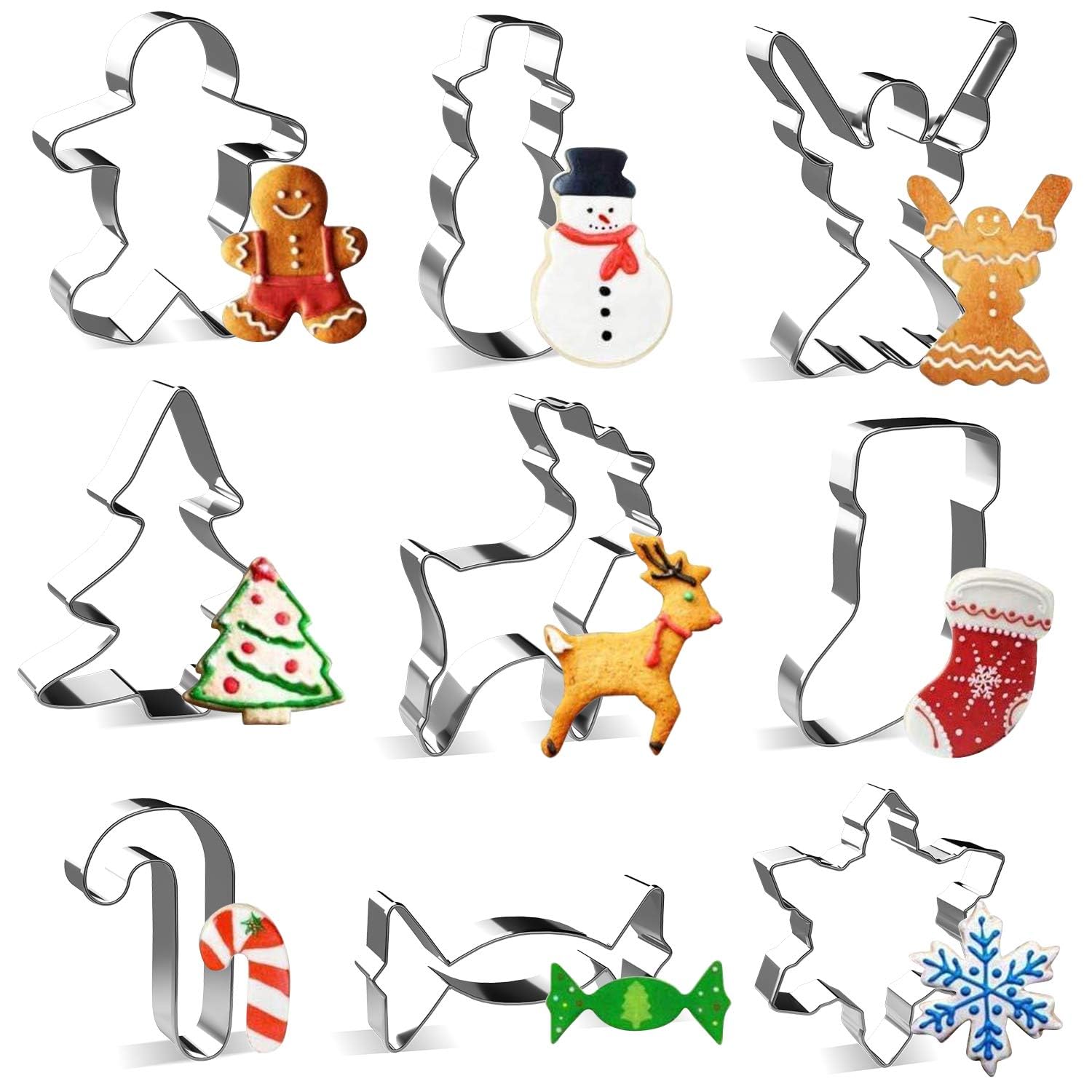 Christmas Cookie Cutter Set - Joyoldelf 9 Piece Stainless Steel Snowflake, Christmas Tree, Reindeer, Gingerbread Boy, Snowman, Angel, Candy Canes, Socks, Candy for Kids