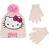 Hello Kitty Beanie Hat and Gloves Set, Girls Cuffed Marled Winter Knit Cap with Pom and Matching Mittens, Pink, One Size