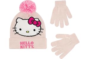 CONCEPT ONE Hello Kitty Beanie Hat and Gloves Set, Girls Cuffed Marled Winter Knit Cap with Pom and Matching Mittens, Pink, One Size