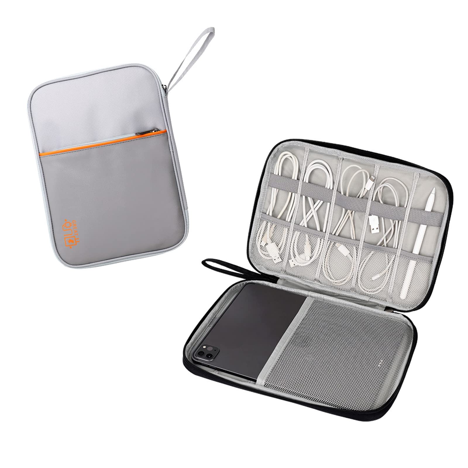 Hosoncovy PU Leather Electronic Accessories Travel Storage Bag Cable Organizer Bag USB Flash Drive Case Tablet Case for Ipad Tablet Phone Cables Earphone USB Thumb Stick Drive (Grey)
