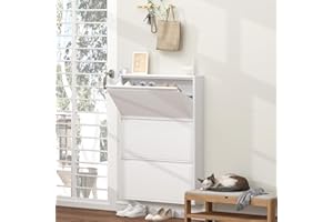 GREATMEET Shoe Storage Cabinet, Narrow Shoe Cabinet for Entryway Slim, White Metal Shoe Cabinet with 3 Flip Drawers, Wall Mounted
