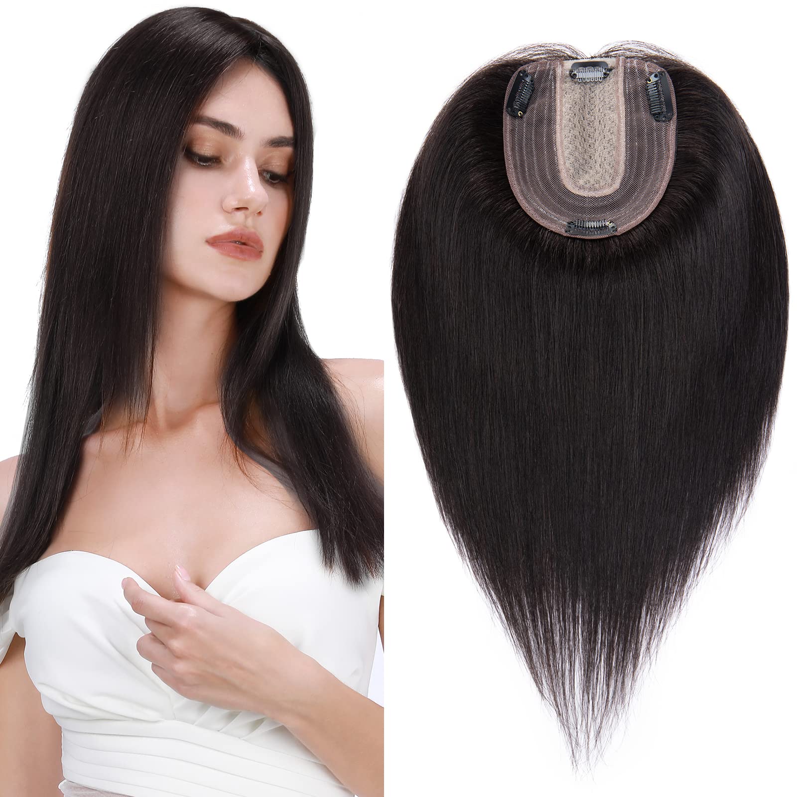S-noilite Human Hair Toppers for Thinning Hair Women Real Hair Topper Hair Piece Clip in Toupee 100% Remy Real Human Hair 27g（#1B Natural Black, 6 Inch）