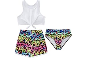 BKIXHV Girls Swimsuits 3 Piece Bikini Set Cute Girl's Bathing Suit Quick Dry Tankini Set with Cover Up Shorts Size for 5-12 Years