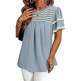 Dokotoo Womens Summer Tops Crewneck Ruffle Short Sleeve Shirts Casual Pleated Blouses Flowy Boho Clothing