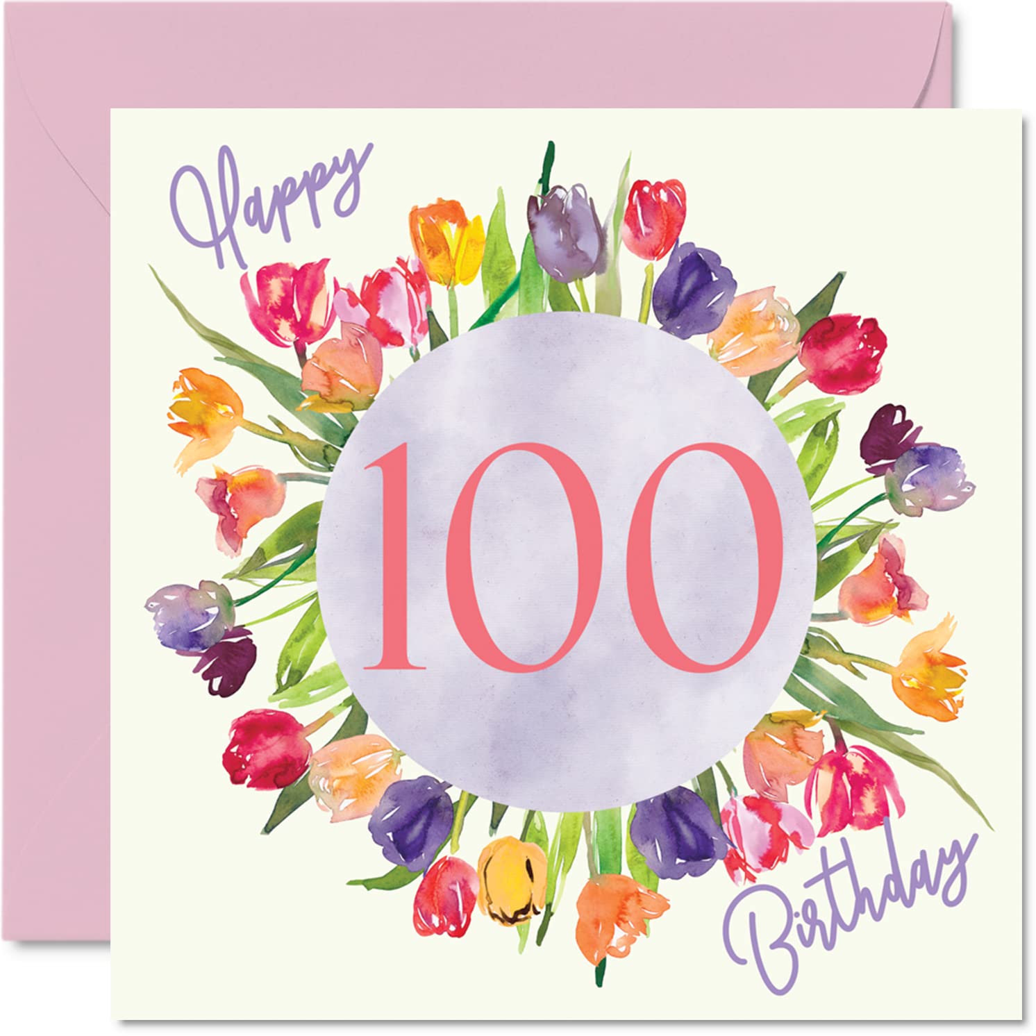 Photo 1 of Stuff4 100th Birthday Cards for Women - Floral Watercolour Tulips Design - Blank Inside with Envelope, 5.7 x 5.7 Inch - No Ink Smudge - Unique Birthday Card for Her, Great Grandma, or Gran