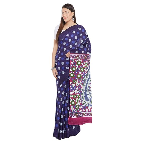 Finest Quality Indigo Screenprint Cotton Saree with Blouse Piece-Indigo RDSWSA0104 Traditional