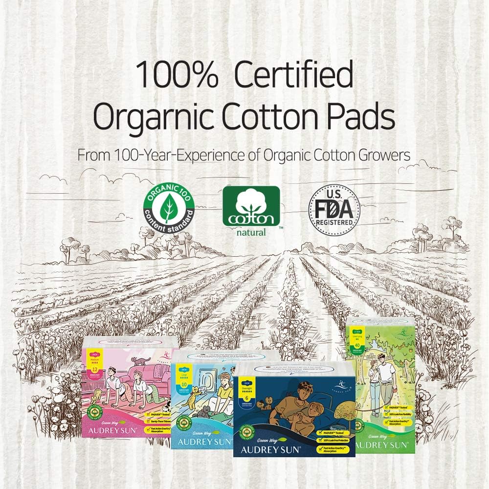 AUDREY SUN Organic Pads for Women Overnight - Organic Overnight Pads with Wings - Organic Pads Menstrual - Overnight - 6 Count 12 Total (Packaging May Vary): Health & Personal Care