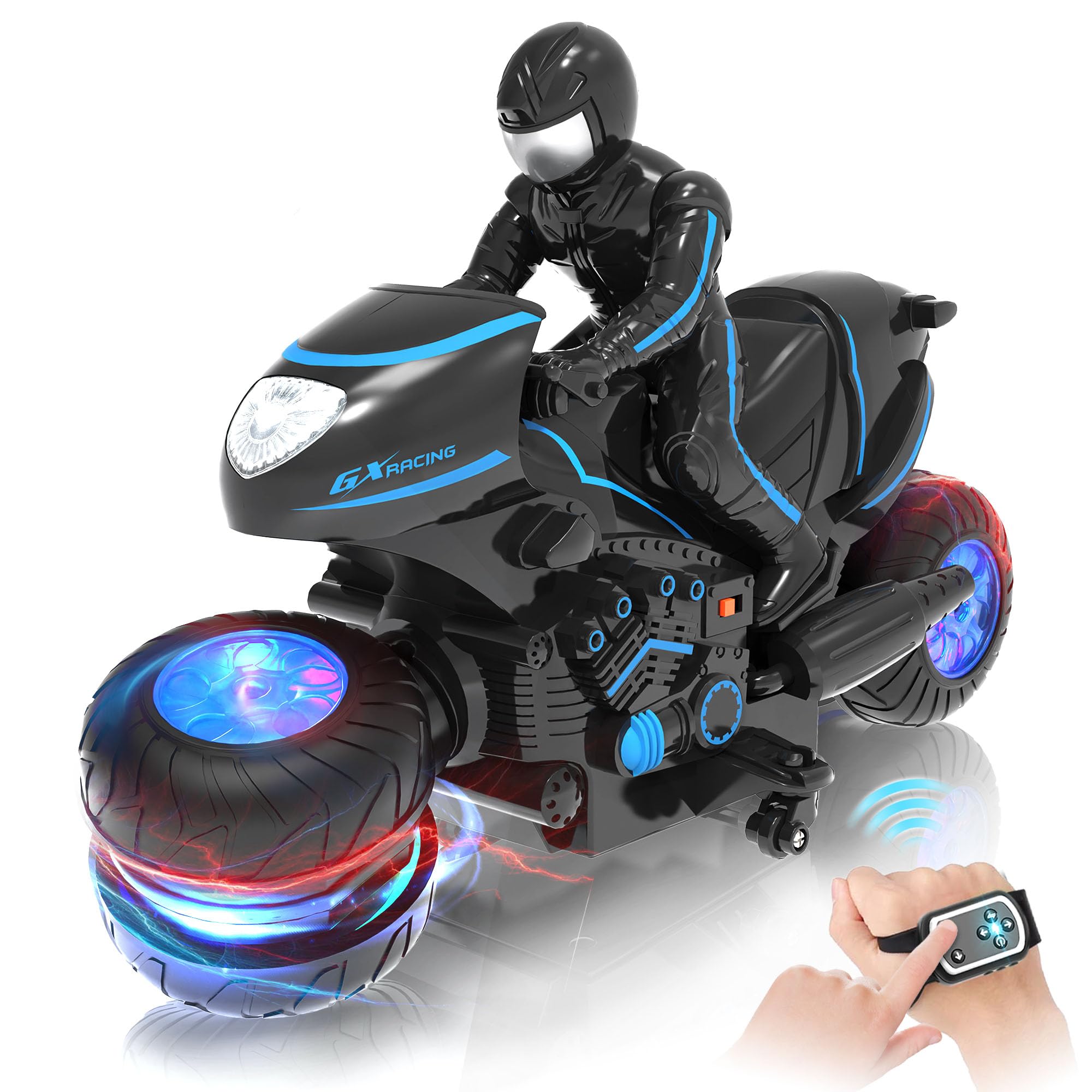 Photo 1 of ***MISSING REMOTE*** Eulogia Remote Control Motorcycle Toys New Upgraded RGB Wheels Lights, RC Motorbike with 2-in-1 Remote, Gesture Sensing Stunts Dirt Bike, 360° Rotating High Speed Motocross Car for Boys Girls Gift