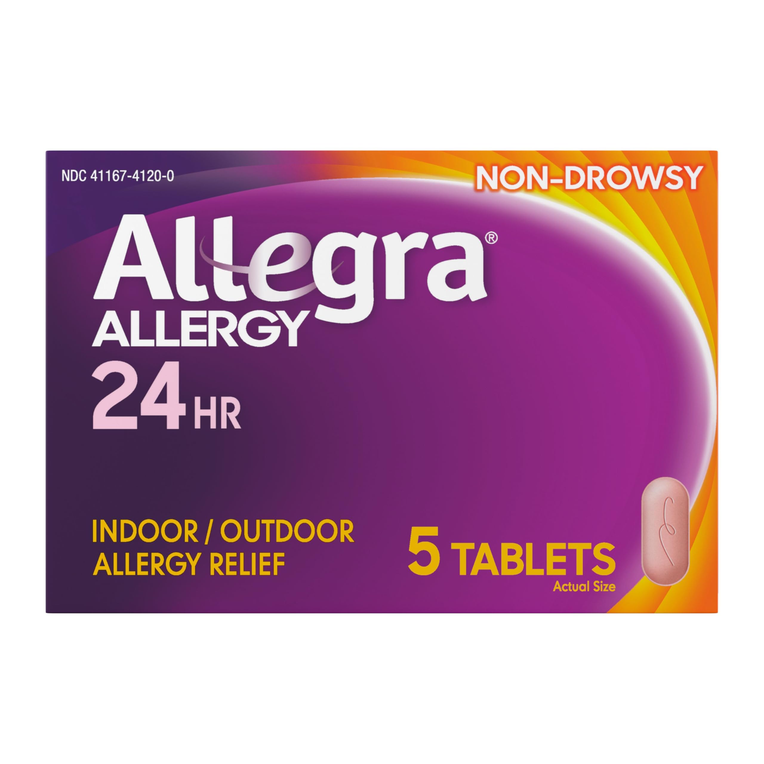 Allegra Adult 24-Hour Allergy Relief Tablets, Non-Drowsy Indoor and Outdoor Allergy Medicine, 180 mg Fexofenadine HCI Antihistamine Pill, 5-Count