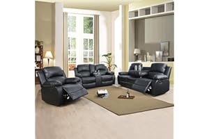 Caberryne Leather Recliner Sofa Set，Leather Reclining Sofa Set for Living Room Furniture Sets，Black Recliner Couch Set for Living Room/Office/Theater Seating(Sofa Set 3 Pieces)