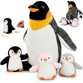 Karister Penguin Plush with 3 Babies, 14 Inch Wind Up Stuffed Animal Set | 4Pcs Stuffed Penguin; Mother and Baby Plushies; Wind-Up Penguin Toy; Zipper Belly Storage; Christmas Birthday Gift for Kids