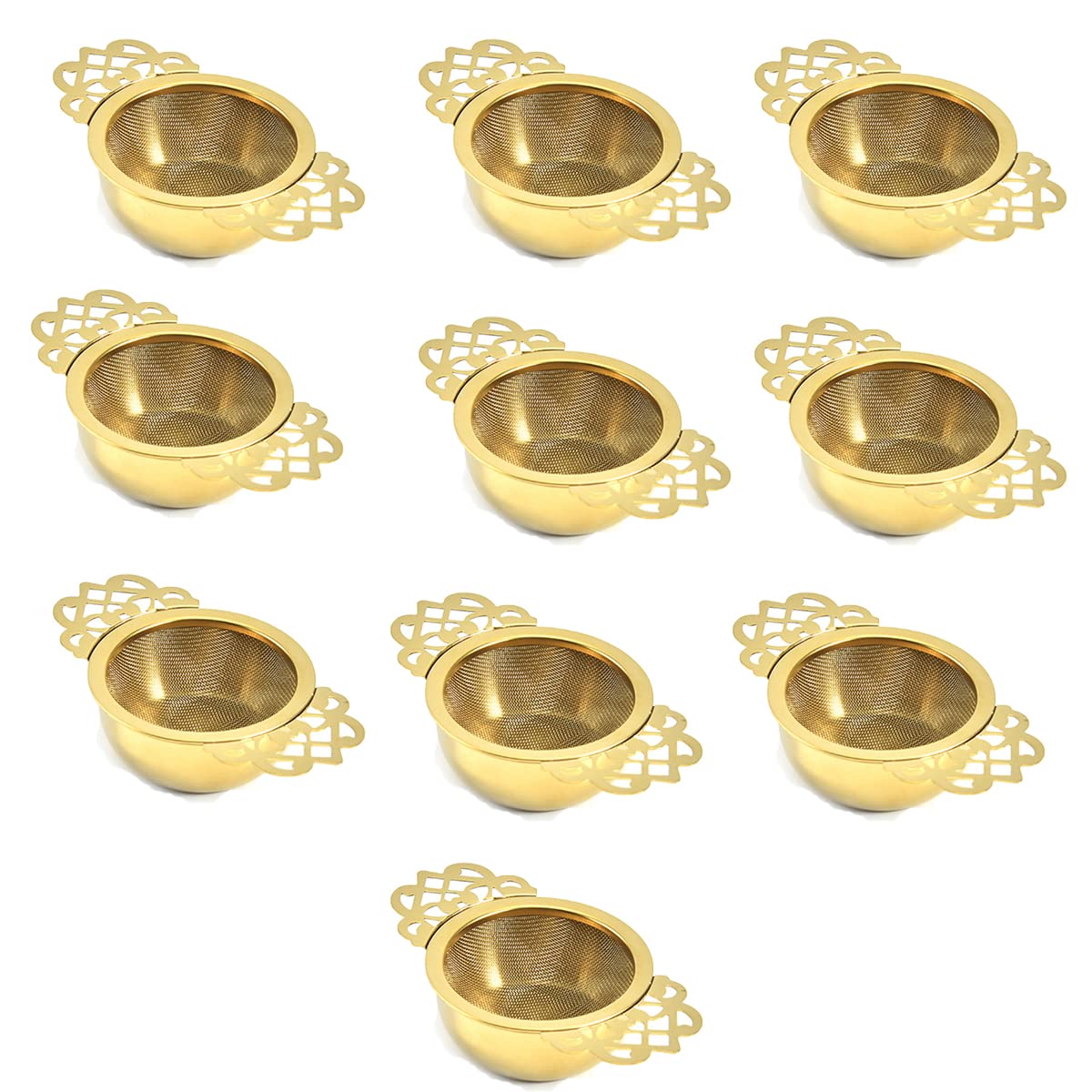 Verve Jelly 10Pack Tea Filters with Drip Bowls, Ultra Fine Mesh Tea Strainers Stainless Steel Tea Strainer with Double Handles for Loose Leaf Tea and Spices & Seasonings, Gold