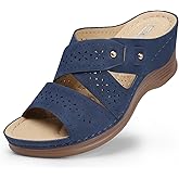 TEMOFON Wedge Sandals for Women Summer: Dressy Low Heel Sandals Black/Navy/White, Comfortable Walking, Arch support, Casual Slip on Summer Shoes, Size 5-11