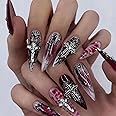 MISUD Press on Nails Long Stiletto Fake Nails Glossy Glue on Nails Goth Red Black Ombre Acrylic Nails Gothic Cross Artificial Nails Chrome Swirl Stick on False Nails with Design 24 pcs