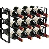 STAEVER Black Wine Rack for 12 Bottles – Stackable & Expandable Metal Wine Bottle Holder for Bar Counter, Cabinet, Pantry, or Small Spaces – Modern Freestanding Wine Storage Shelf (3 Tier, Black)