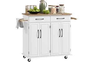 HOMCOM Kitchen Island with Storage, Rolling Kitchen Cart on Wheels with 2 Drawers, 2 Cabinets, Rubberwood Top and Towel Racks