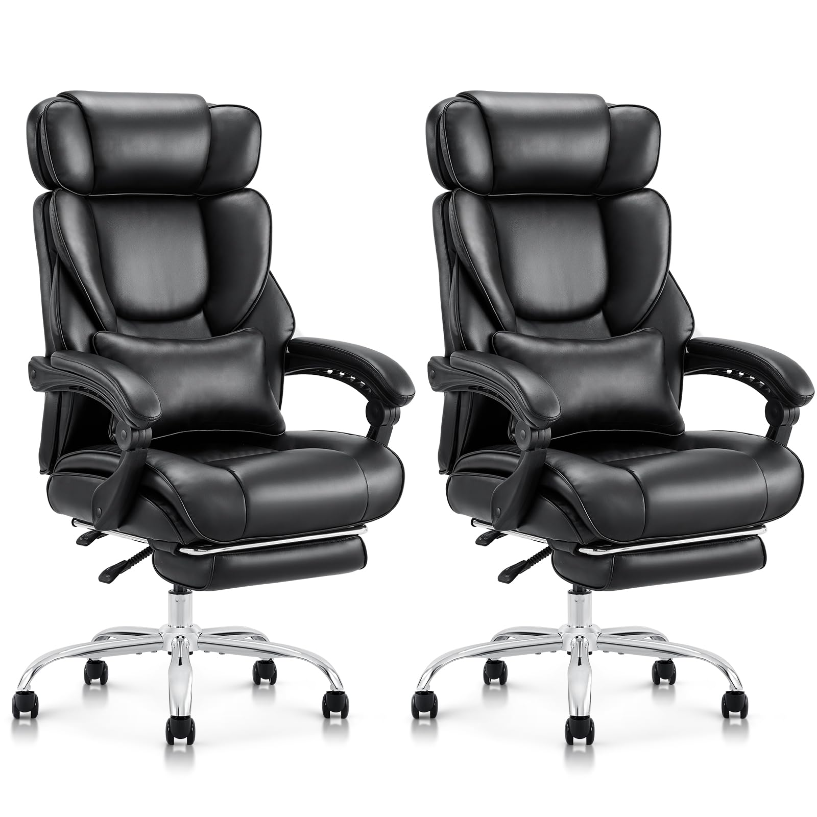 COLAMY Office Chair with Retractable Footrest, Ergonomic High Back Design Executive Computer Desk Chair with Removable Lumbar Pillow, 90-135°Reclining,Thick Bonded Leather for Home Office,2pcs-Black Image