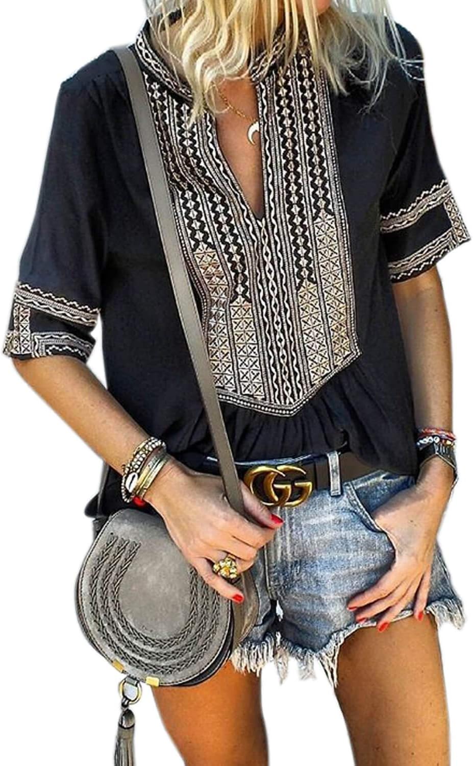Womens Summer Boho Embroidered Blouse Floral Printed Short Sleeve V Neck Casual Shirt Tops