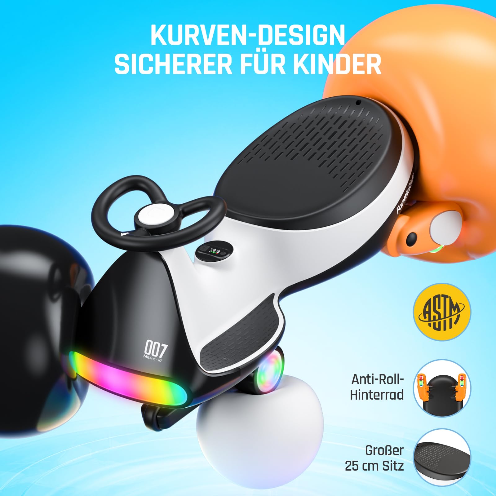 FanttikRide N7 Ultra Elektrisches Kinderauto mit Pedal, Kinder Auto, MagicMute Motor, 2 Geschwindigkeiten, 9 Farbmodi, Digitalanzeige, Bluetooth, für Kinder ab 3 Jahren, 68KG, Pinguin Schwarz 8