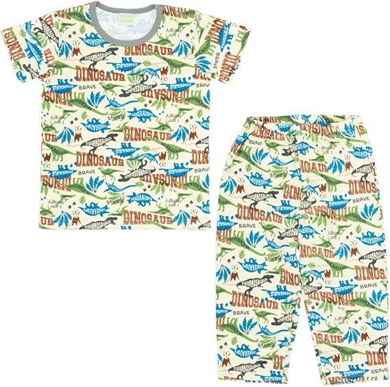 Amazon キッズ パジャマ 半袖パジャマ 7分丈パンツ 上下セット 子供用 捲れ防止ボタン付き 男の子 恐竜シリーズ パジャマ 通販