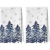 Artoid Mode Blue Snowflakes Xmas Tree Christmas Bar Kitchen Towels, 12x24 Inch Quick Dry Microfiber Cloth Dish Towels for Kitchen Drying Set of 2