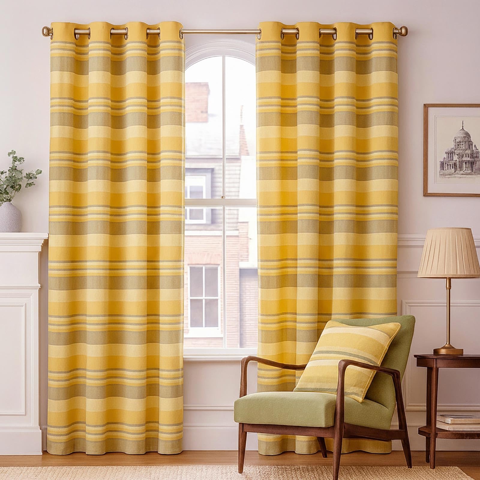 HOMESCAPES Yellow Eyelet Curtain Pair 137cm (54") Wide x 137cm (54") Drop Morocco Stripe Design Ring Top Curtain Pair