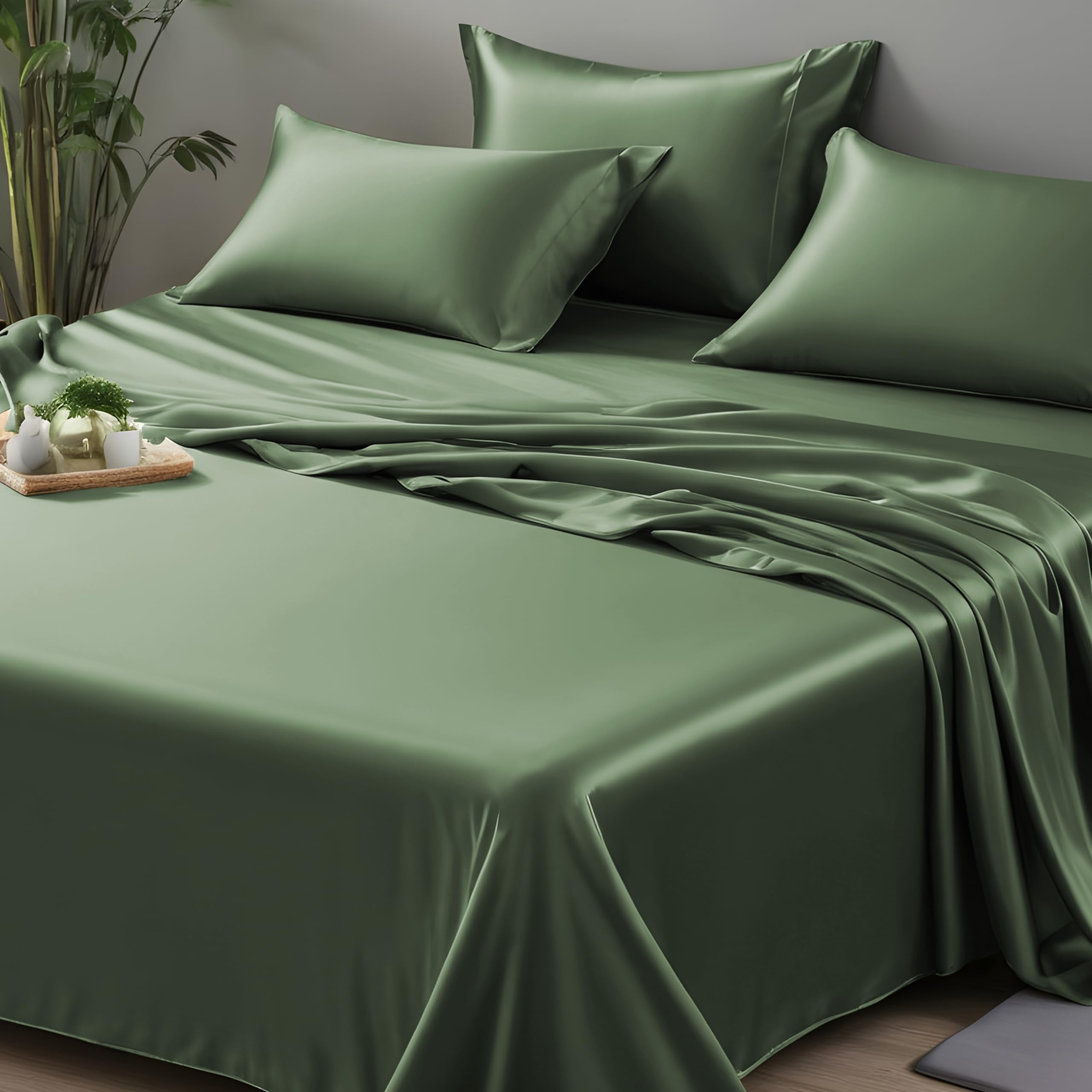 LINENWALAS Organic Vegan Bamboo Flat Sheet Only, Softest, Silky Cool Bamboo Bedding Only Flat Bed Sheet SuperKing Size Luxury Flat Sheet Perfect for Skin (120x108 Inches, Avocado Green)