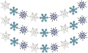 3PCS White Blue Glittery Snowflake Banner - Christmas Holiday Themed Party Decorations, Winter Wonderland Mantle Home Decor, Santa Festive Party Decor, Kids Birthday Baby Shower Party Decorations