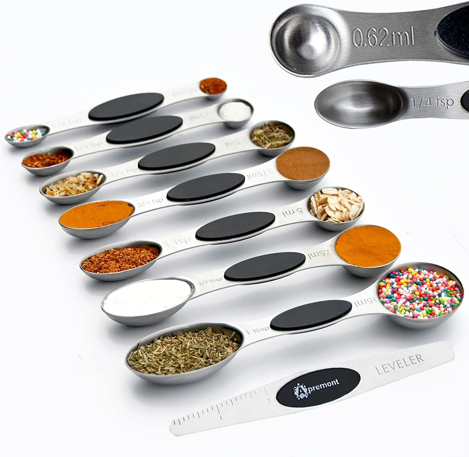 Heavy Duty Magnetic Engraved Stainless Steel Metal Measuring Spoons for Dry or Liquid, Fits in Spice Jar, Set of 8 with bonus Leveler - APREMONT: Kitchen & Dining