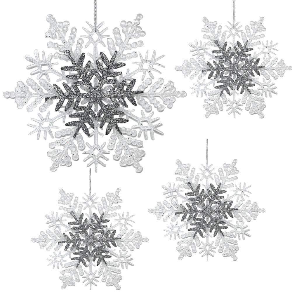 BANBERRY DESIGNS Snowflake Christmas Ornaments - Pack of 4 White and Silver Glittered Snowflake Ornaments - Approx Size 8.5 Inch Diameter - White Christmas Snow Flakes Décor